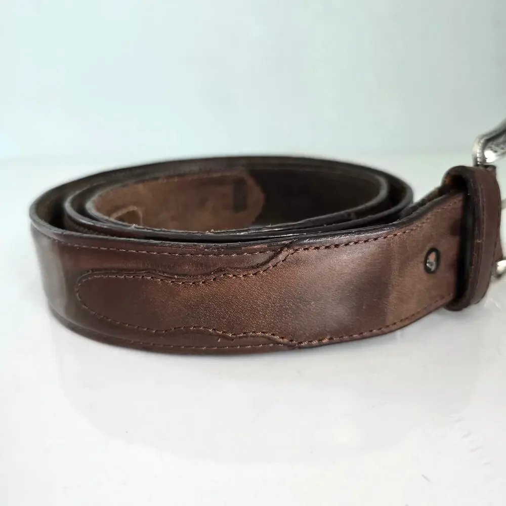 3D Belt Men's 42 Brown Genuine Leather Silver Tone Tooled Buckle Western Cowboy